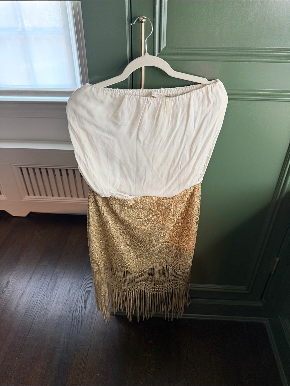Ramy Brook Cream and Gold Fringe Midi Skirt
